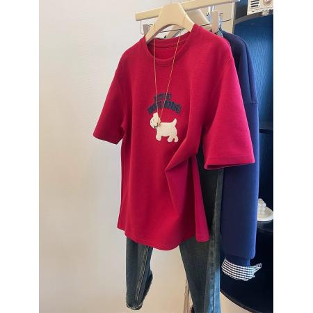 FA55172# 德绒特大码300斤韩版百搭红色刺绣小狗短袖t恤女秋冬新款磨毛上衣 服裝批發女裝批發服飾貨源