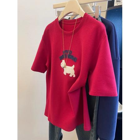 FA55172# 德绒特大码300斤韩版百搭红色刺绣小狗短袖t恤女秋冬新款磨毛上衣 服裝批發女裝批發服飾貨源