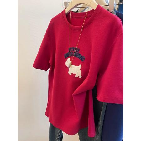 FA55172# 德绒特大码300斤韩版百搭红色刺绣小狗短袖t恤女秋冬新款磨毛上衣 服裝批發女裝批發服飾貨源