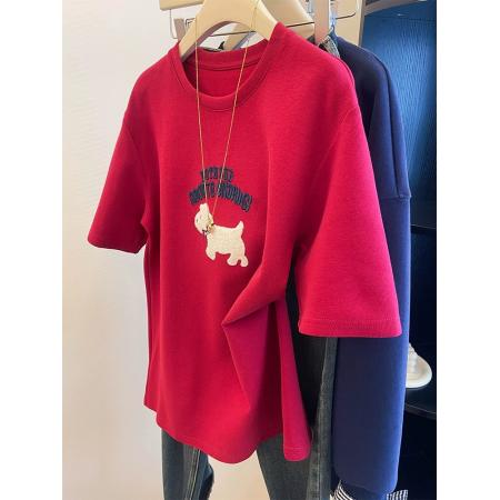 FA55172# 德绒特大码300斤韩版百搭红色刺绣小狗短袖t恤女秋冬新款磨毛上衣 服裝批發女裝批發服飾貨源