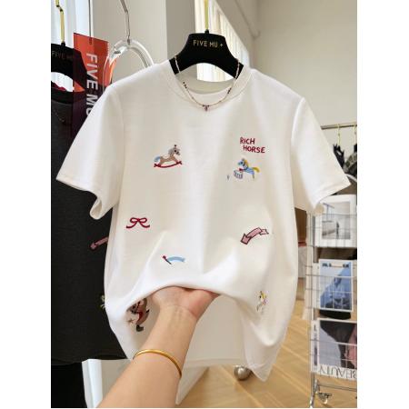 FA55174# 德绒特大码300斤早春新款韩版百搭休闲重工卡通刺绣短袖T恤女 服裝批發女裝批發服飾貨源