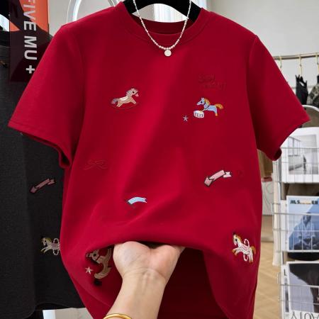 FA55174# 德绒特大码300斤早春新款韩版百搭休闲重工卡通刺绣短袖T恤女 服裝批發女裝批發服飾貨源