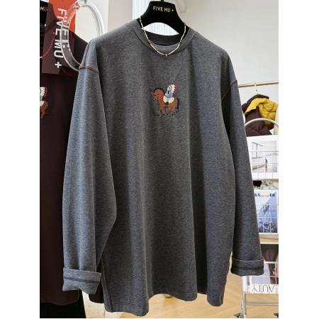 FA55176# 德绒特大码300斤韩版百搭休闲卡通刺绣小马宽松磨毛长袖T恤上衣女 服裝批發女裝批發服飾貨源