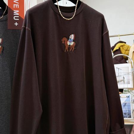 FA55176# 德绒特大码300斤韩版百搭休闲卡通刺绣小马宽松磨毛长袖T恤上衣女 服裝批發女裝批發服飾貨源