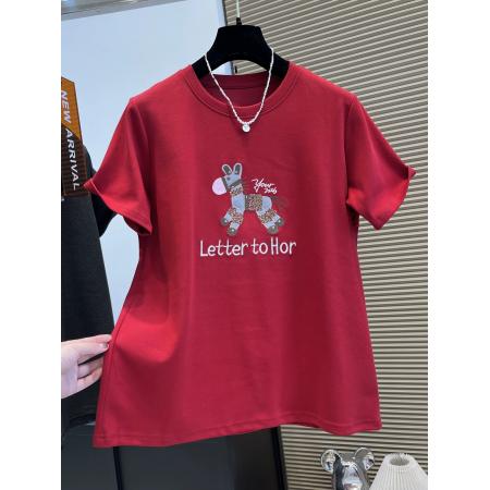 FA55177# 德绒特大码300斤今年红短袖T恤刺绣上衣女早春新款 服裝批發女裝批發服飾貨源