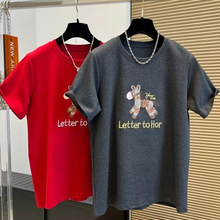 FA55177# 德绒特大码300斤今年红短袖T恤刺绣上衣女早春新款 服裝批發女裝批發服飾貨源