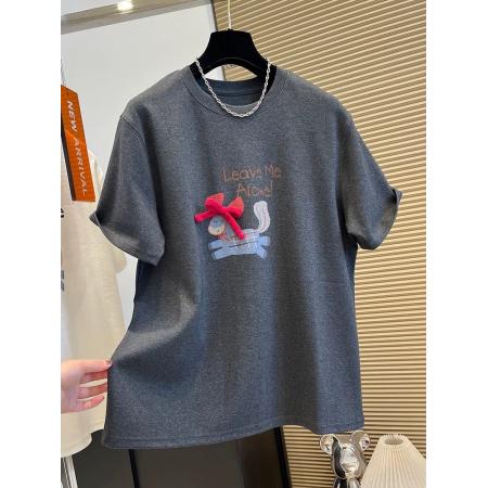 FA55178# 德绒特大码300斤韩版百搭休闲蝴蝶结刺绣德绒加厚短袖T恤女秋冬季 服裝批發女裝批發服飾貨源