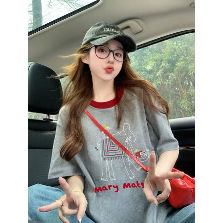 FA55179# 灰色大象短袖t恤女新款夏季撞色韩系复古减龄宽松休闲上衣ins 服裝批發女裝批發服飾貨源