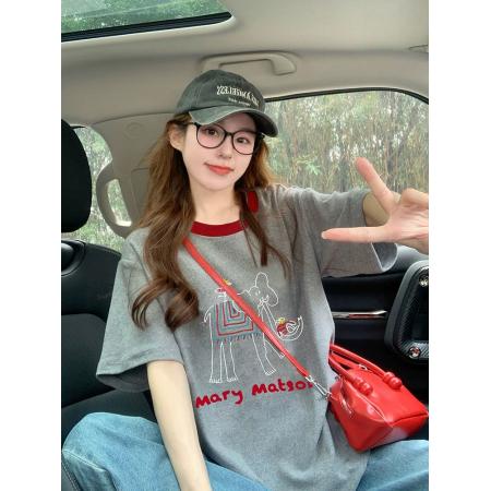 FA55179# 灰色大象短袖t恤女新款夏季撞色韩系复古减龄宽松休闲上衣ins 服裝批發女裝批發服飾貨源