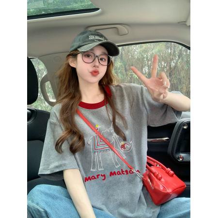 FA55179# 灰色大象短袖t恤女新款夏季撞色韩系复古减龄宽松休闲上衣ins 服裝批發女裝批發服飾貨源