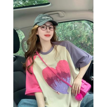 FA55181# 美式插肩短袖t恤女新款夏季潮牌复古设计感爱心印花大版上衣 服裝批發女裝批發服飾貨源