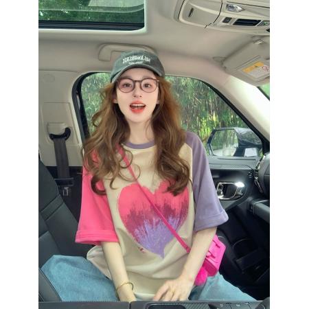 FA55181# 美式插肩短袖t恤女新款夏季潮牌复古设计感爱心印花大版上衣 服裝批發女裝批發服飾貨源