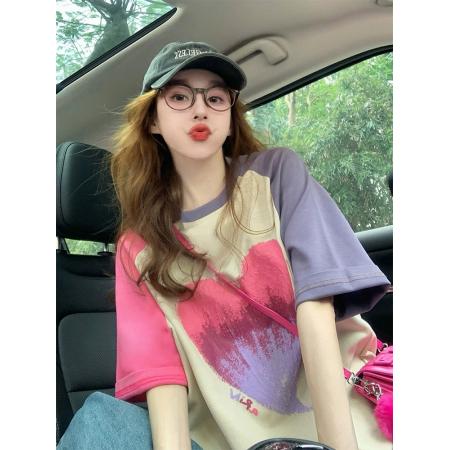 FA55181# 美式插肩短袖t恤女新款夏季潮牌复古设计感爱心印花大版上衣 服裝批發女裝批發服飾貨源