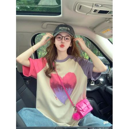 FA55181# 美式插肩短袖t恤女新款夏季潮牌复古设计感爱心印花大版上衣 服裝批發女裝批發服飾貨源