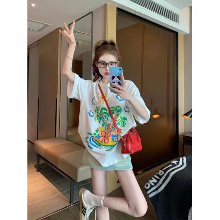 FA55182# 白色夏威夷纯棉短袖t恤女夏季高级感小众宽松休闲百搭体恤上衣ins 服裝批發女裝批發服飾貨源