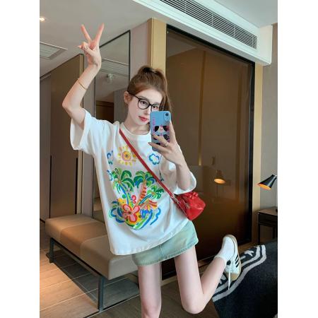 FA55182# 白色夏威夷纯棉短袖t恤女夏季高级感小众宽松休闲百搭体恤上衣ins 服裝批發女裝批發服飾貨源