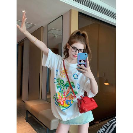FA55182# 白色夏威夷纯棉短袖t恤女夏季高级感小众宽松休闲百搭体恤上衣ins 服裝批發女裝批發服飾貨源