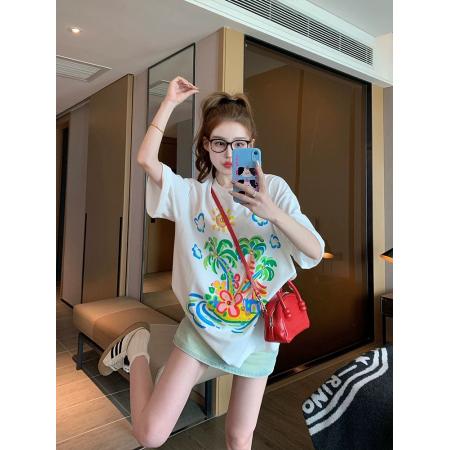 FA55182# 白色夏威夷纯棉短袖t恤女夏季高级感小众宽松休闲百搭体恤上衣ins 服裝批發女裝批發服飾貨源