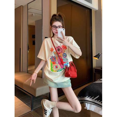 FA55183# 美式复古短袖t恤女夏季欧货大版宽松休闲小个子体恤上衣超好看ins 服裝批發女裝批發服飾貨源