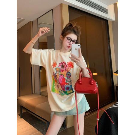 FA55183# 美式复古短袖t恤女夏季欧货大版宽松休闲小个子体恤上衣超好看ins 服裝批發女裝批發服飾貨源