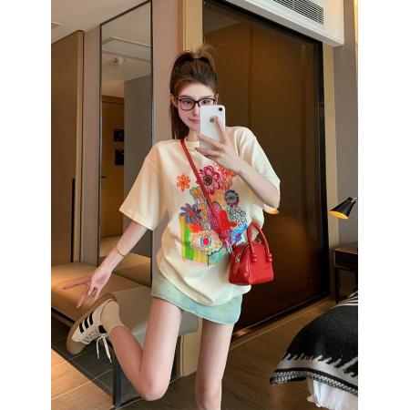 FA55183# 美式复古短袖t恤女夏季欧货大版宽松休闲小个子体恤上衣超好看ins 服裝批發女裝批發服飾貨源