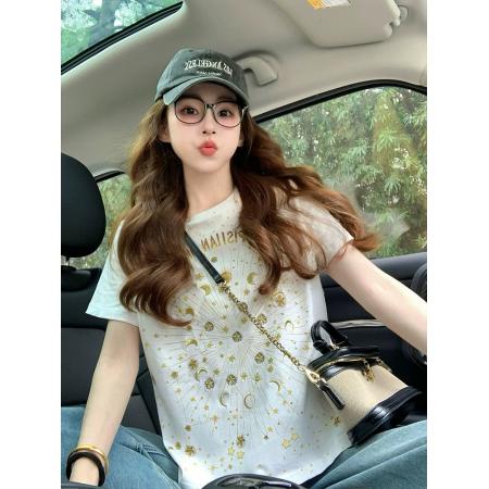 FA55184# 小香风短袖t恤女新款夏季重工星星刺绣高级感宽松正肩上衣潮 服裝批發女裝批發服飾貨源