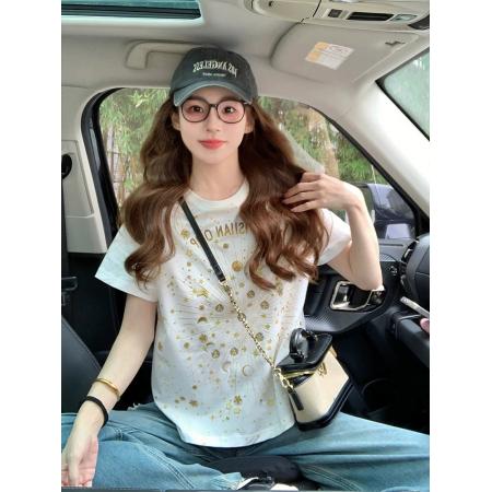 FA55184# 小香风短袖t恤女新款夏季重工星星刺绣高级感宽松正肩上衣潮 服裝批發女裝批發服飾貨源