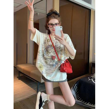 FA55185# 复古纯棉短袖t恤女新款夏季宽松休闲美式高街设计感小众上衣 服裝批發女裝批發服飾貨源