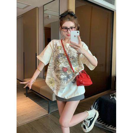 FA55185# 复古纯棉短袖t恤女新款夏季宽松休闲美式高街设计感小众上衣 服裝批發女裝批發服飾貨源