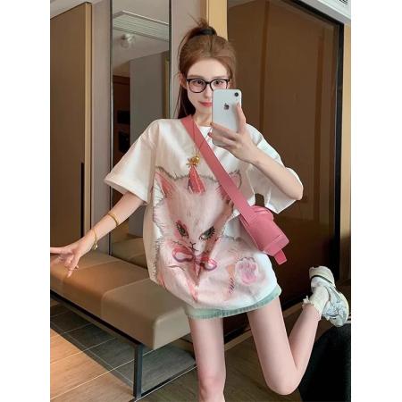 FA55186# 韩系甜美猫咪印花T恤女夏季新款设计感晕染宽松百搭短袖上衣 服裝批發女裝批發服飾貨源