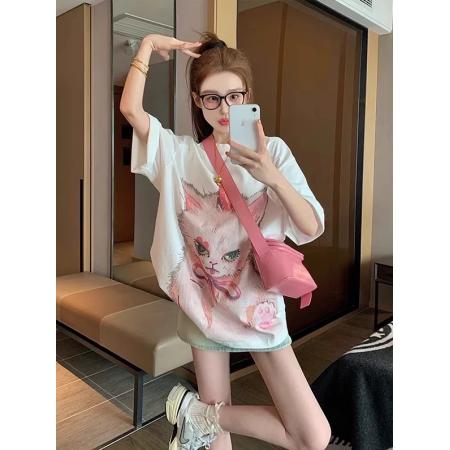 FA55186# 韩系甜美猫咪印花T恤女夏季新款设计感晕染宽松百搭短袖上衣 服裝批發女裝批發服飾貨源