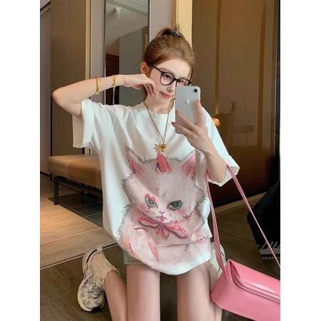 FA55186# 韩系甜美猫咪印花T恤女夏季新款设计感晕染宽松百搭短袖上衣 服裝批發女裝批發服飾貨源