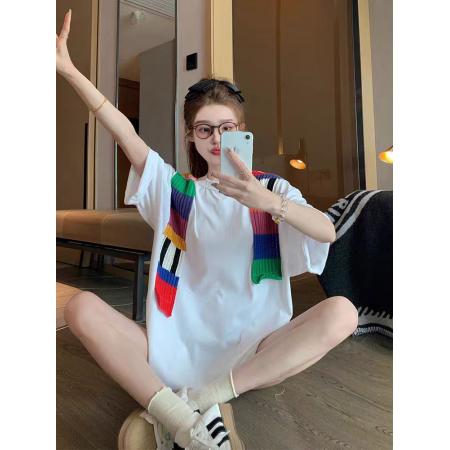 FA55187# 白色拼接披肩纯棉短袖t恤女夏季设计感小众欧货大版体恤上衣 服裝批發女裝批發服飾貨源