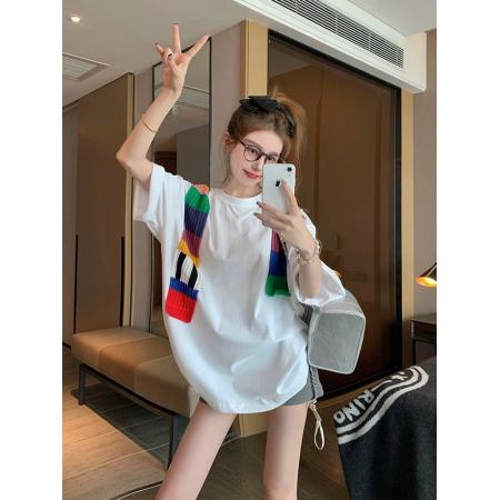 FA55187# 白色拼接披肩纯棉短袖t恤女夏季设计感小众欧货大版体恤上衣 服裝批發女裝批發服飾貨源