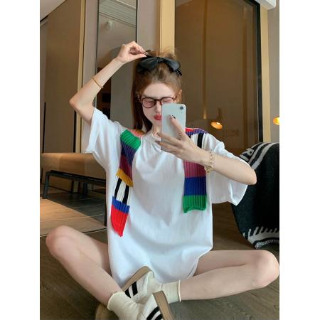 FA55187# 白色拼接披肩纯棉短袖t恤女夏季设计感小众欧货大版体恤上衣 服裝批發女裝批發服飾貨源