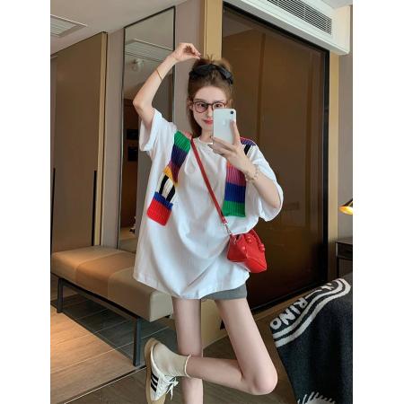 FA55187# 白色拼接披肩纯棉短袖t恤女夏季设计感小众欧货大版体恤上衣 服裝批發女裝批發服飾貨源