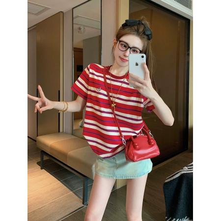FA55189# 红色条纹短袖t恤女新款夏季美式复古宽松正肩刺绣小马上衣ins 服裝批發女裝批發服飾貨源