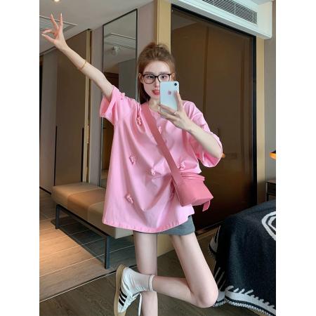 FA55190# 粉色重工立体小熊短袖t恤女夏季宽松休闲设计感纯棉小个子上衣ins 服裝批發女裝批發服飾貨源