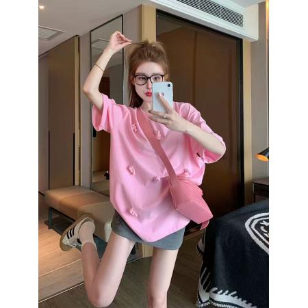 FA55190# 粉色重工立体小熊短袖t恤女夏季宽松休闲设计感纯棉小个子上衣ins 服裝批發女裝批發服飾貨源