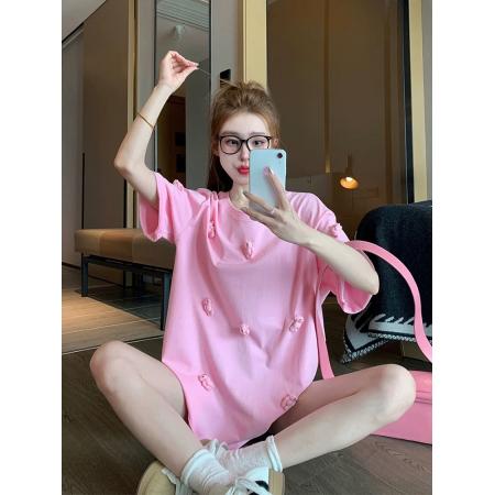 FA55190# 粉色重工立体小熊短袖t恤女夏季宽松休闲设计感纯棉小个子上衣ins 服裝批發女裝批發服飾貨源