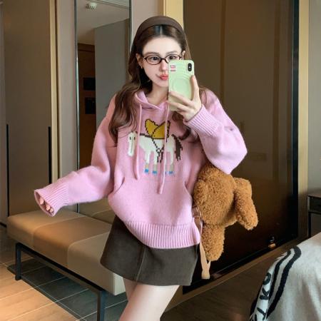 FA55193# 粉色减龄提花连帽毛衣女新款秋冬设计感小个子慵懒软糯针织衫 服裝批發女裝批發服飾貨源