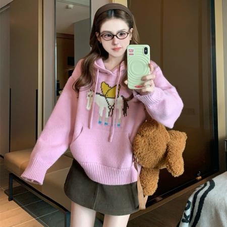 FA55193# 粉色减龄提花连帽毛衣女新款秋冬设计感小个子慵懒软糯针织衫 服裝批發女裝批發服飾貨源