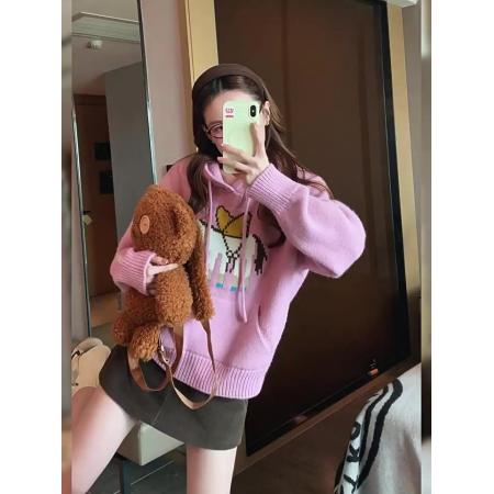 FA55193# 粉色减龄提花连帽毛衣女新款秋冬设计感小个子慵懒软糯针织衫 服裝批發女裝批發服飾貨源