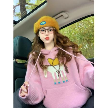 FA55193# 粉色减龄提花连帽毛衣女新款秋冬设计感小个子慵懒软糯针织衫 服裝批發女裝批發服飾貨源