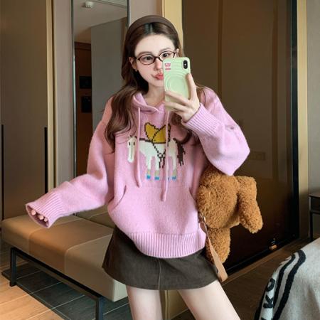 FA55193# 粉色减龄提花连帽毛衣女新款秋冬设计感小个子慵懒软糯针织衫 服裝批發女裝批發服飾貨源