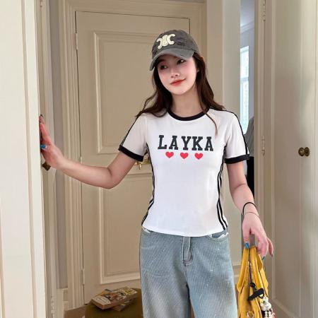 FA55194# 撞色美式杠条印花正肩短袖T恤女夏季设计感小众辣妹修身短款上衣 服裝批發女裝批發服飾貨源