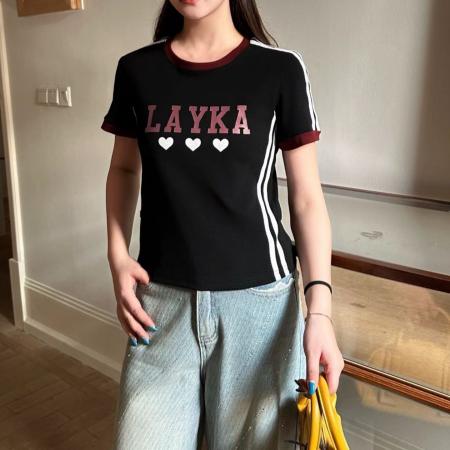 FA55194# 撞色美式杠条印花正肩短袖T恤女夏季设计感小众辣妹修身短款上衣 服裝批發女裝批發服飾貨源