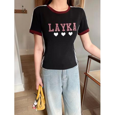 FA55194# 撞色美式杠条印花正肩短袖T恤女夏季设计感小众辣妹修身短款上衣 服裝批發女裝批發服飾貨源