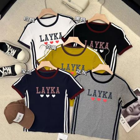 FA55194# 撞色美式杠条印花正肩短袖T恤女夏季设计感小众辣妹修身短款上衣 服裝批發女裝批發服飾貨源