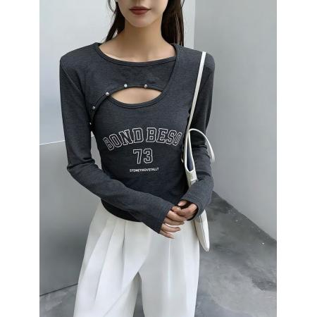 FA55195# 纯欲辣妹镂空字母印花加绒长袖T恤女冬修身打底衫百搭上衣 服裝批發女裝批發服飾貨源